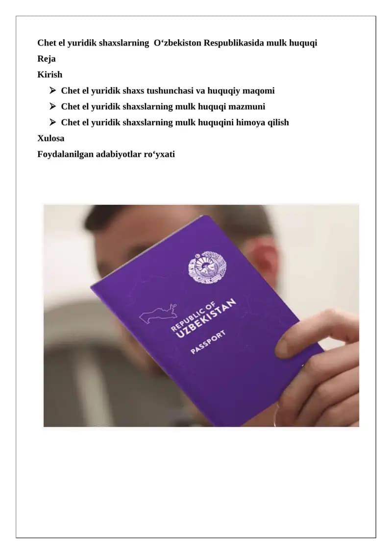 Chet el yuridik shaxslarning O‘zbekiston Respublikasida mulk huquqi