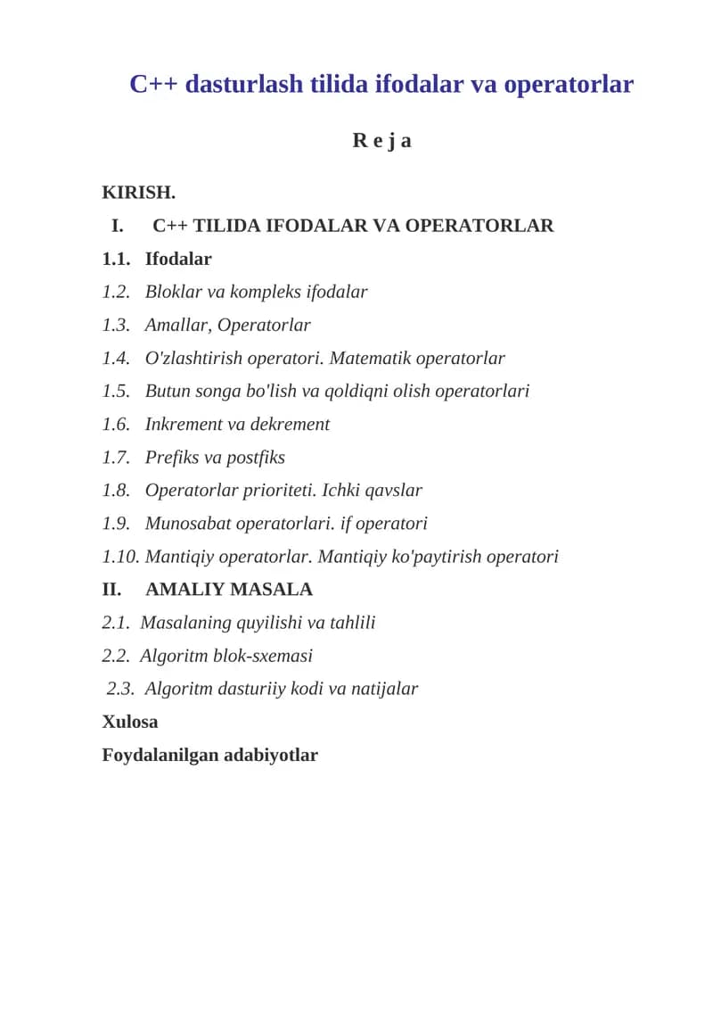 C++ tilida ifodalar va operatorlar