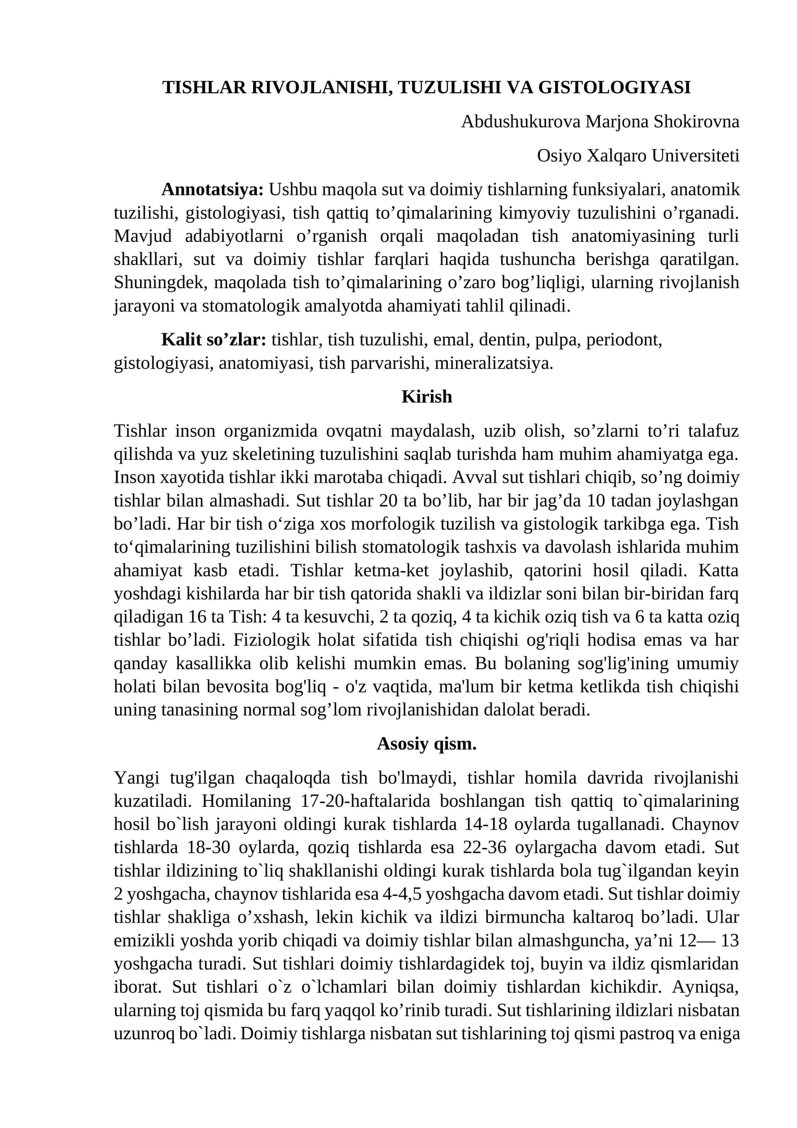 Maqola Tishlar rivojlanishi