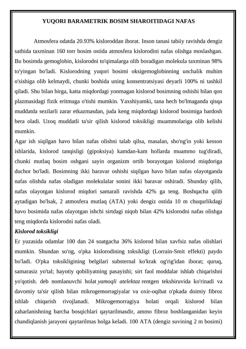 YUQORI BARAMETRIK BOSIM SHAROITIDAGI NAFAS