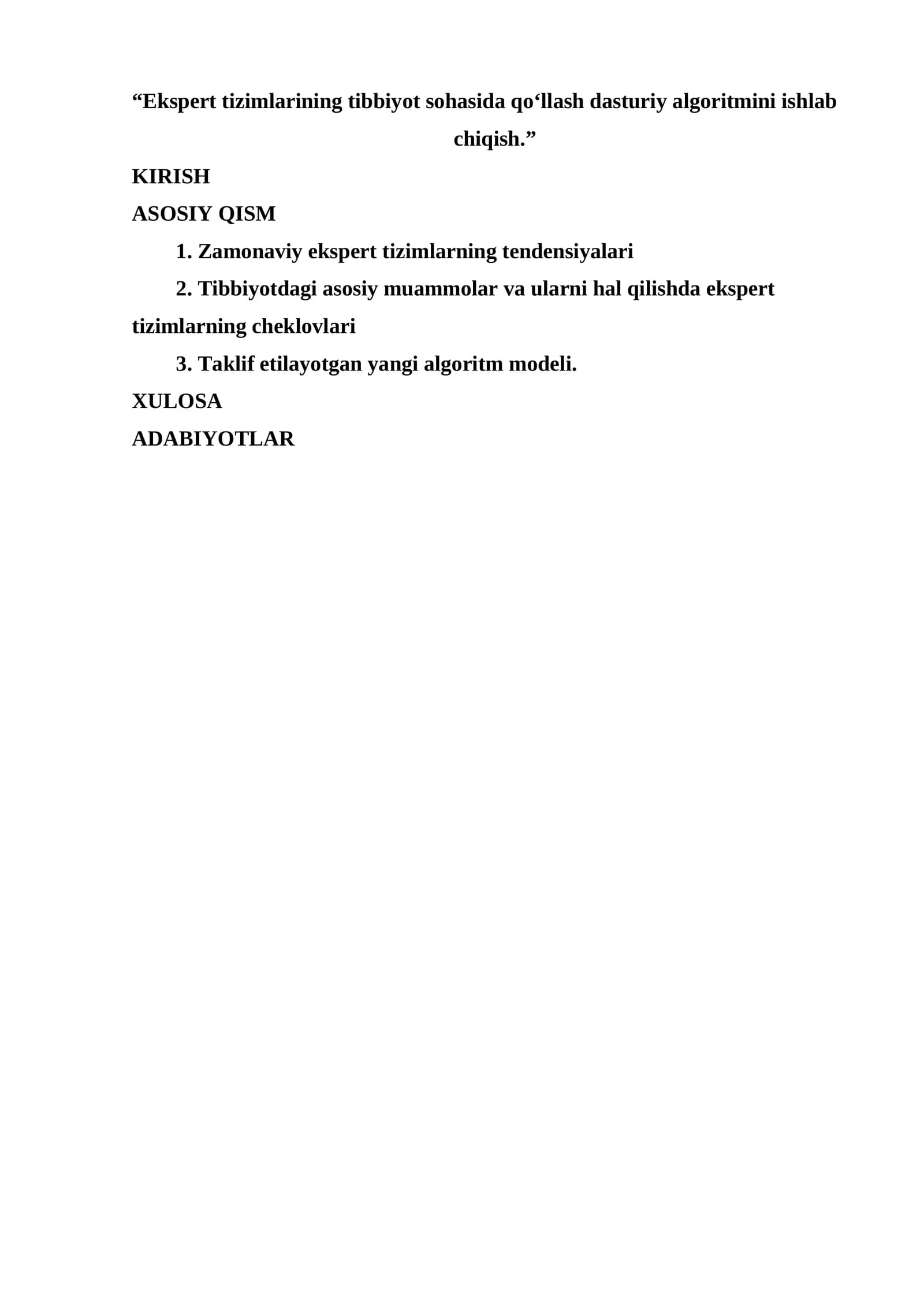 Ekspert tizimlarining tibbiyot sohasida qoʻllash dasturiy algoritmi
