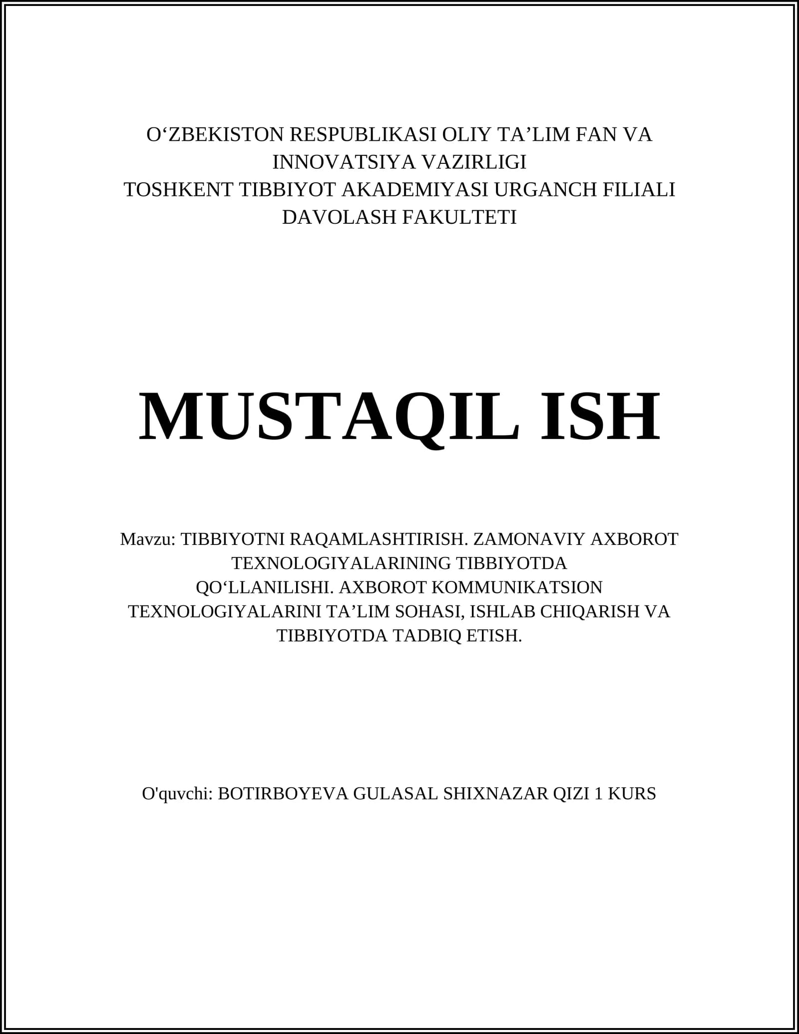 TIBBIYOTNI RAQAMLASHTIRISH