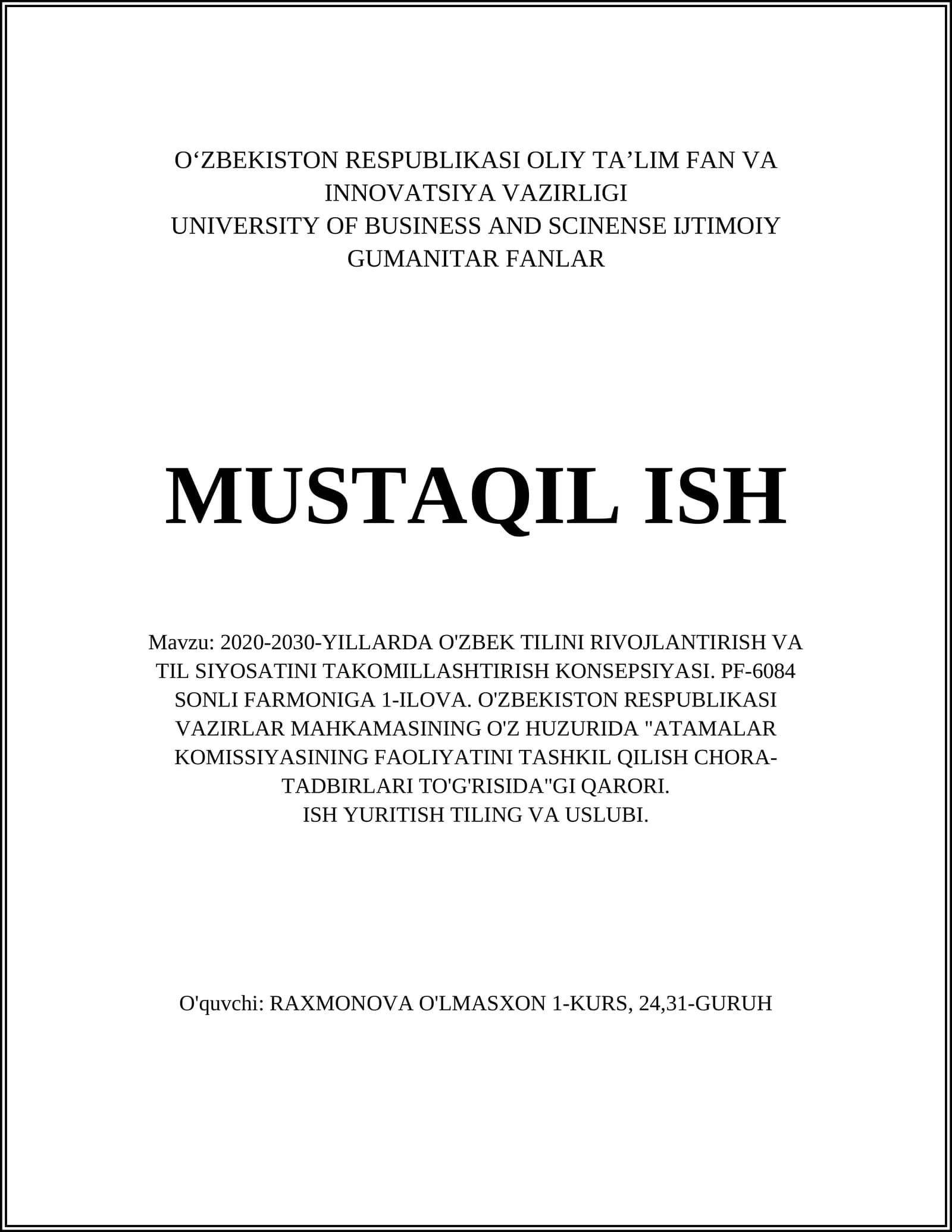 O'zbek Tilini Rivojlantirish va Til Siyosatini Takomillashtirish Konsepsiyasi