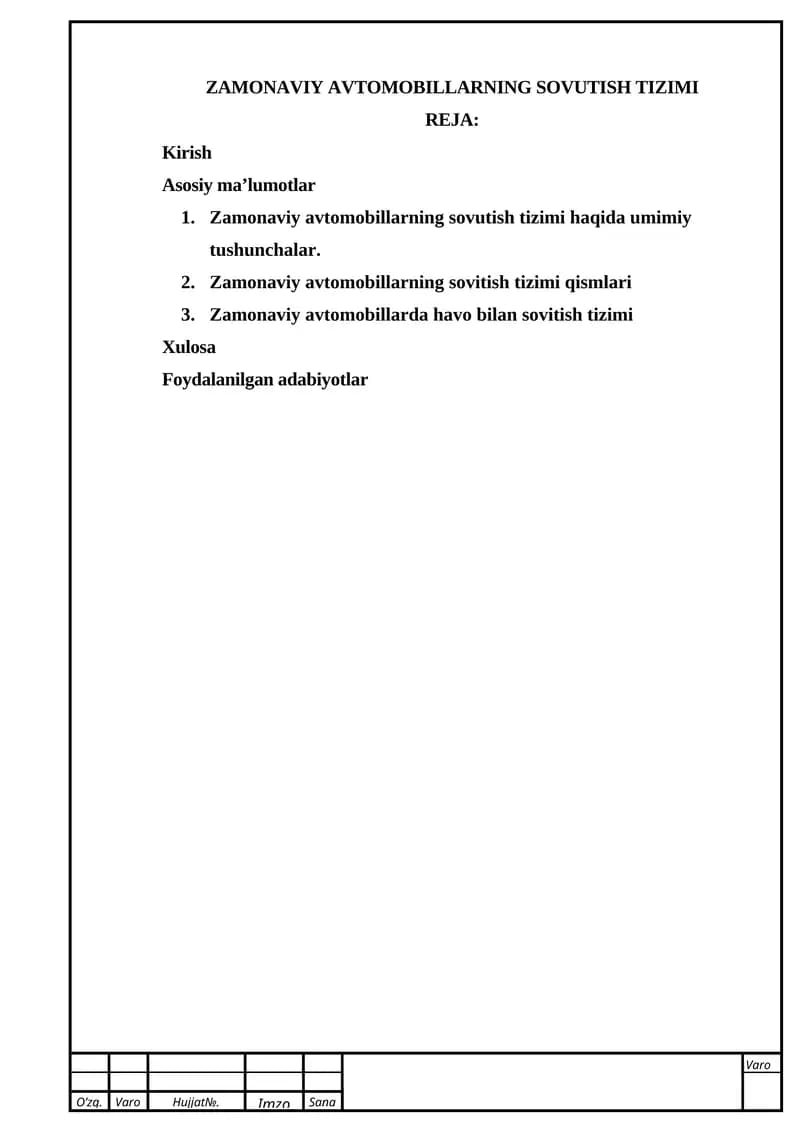 ZAMONAVIY AVTOMOBILLARNING SOVUTISH TIZIMI