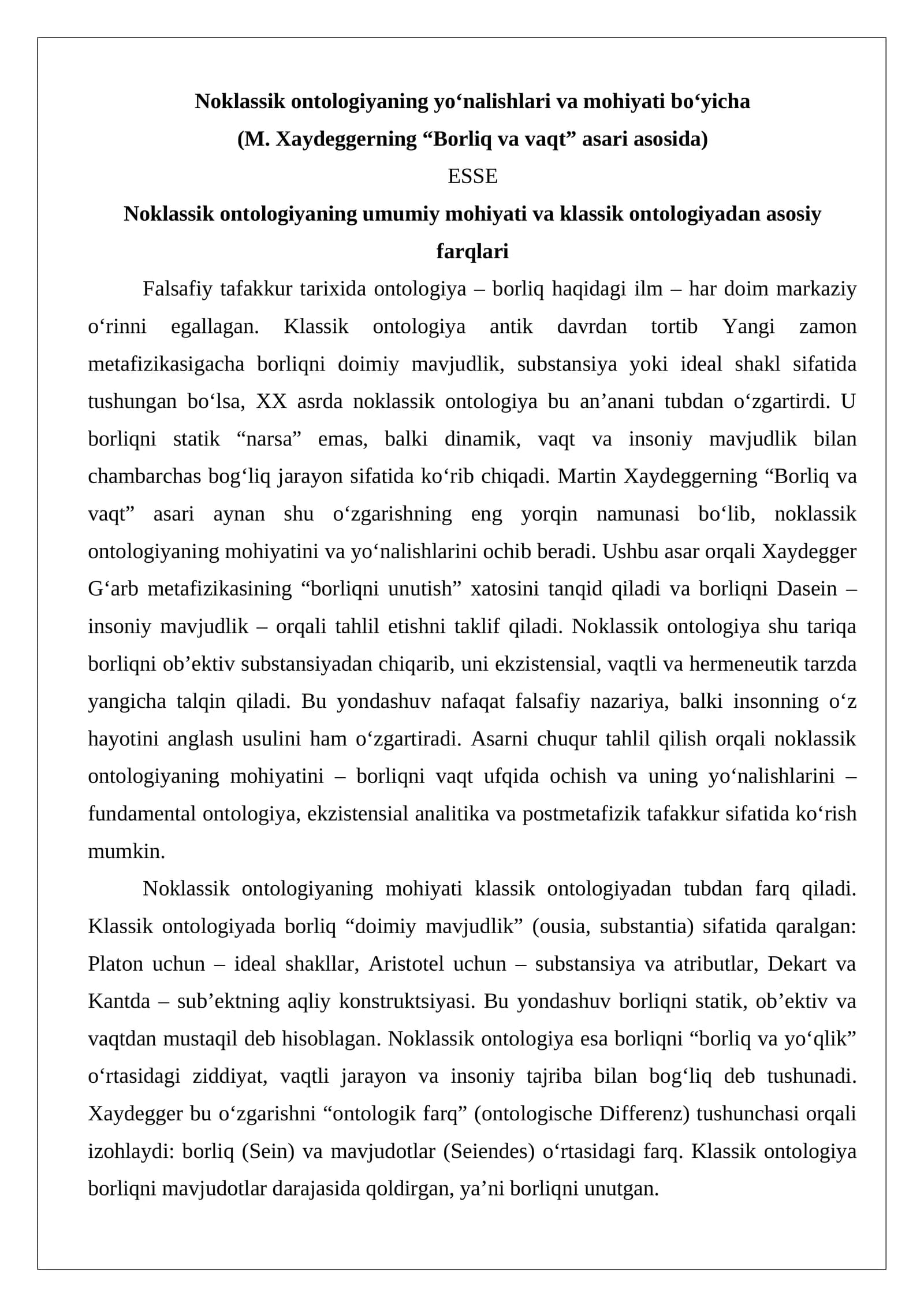 Noklassik ontologiyaning yo‘nalishlari va mohiyati bo‘yicha esse