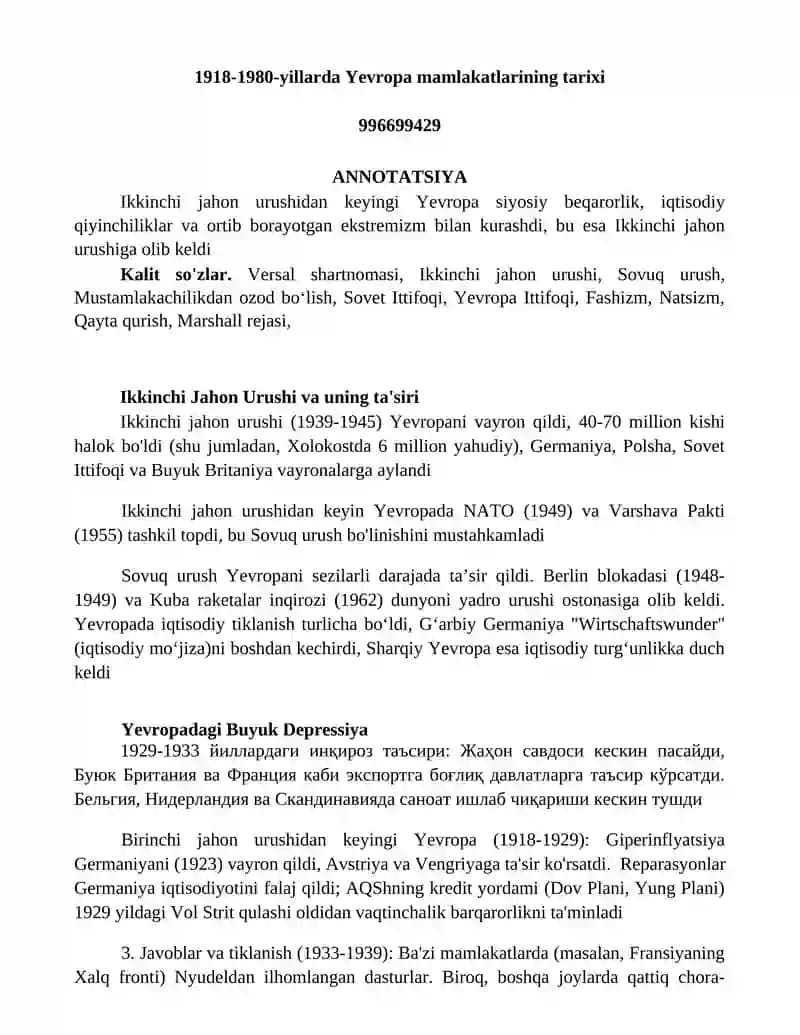 1918-1980-yillarda Yevropa mamlakatlarining tarixi