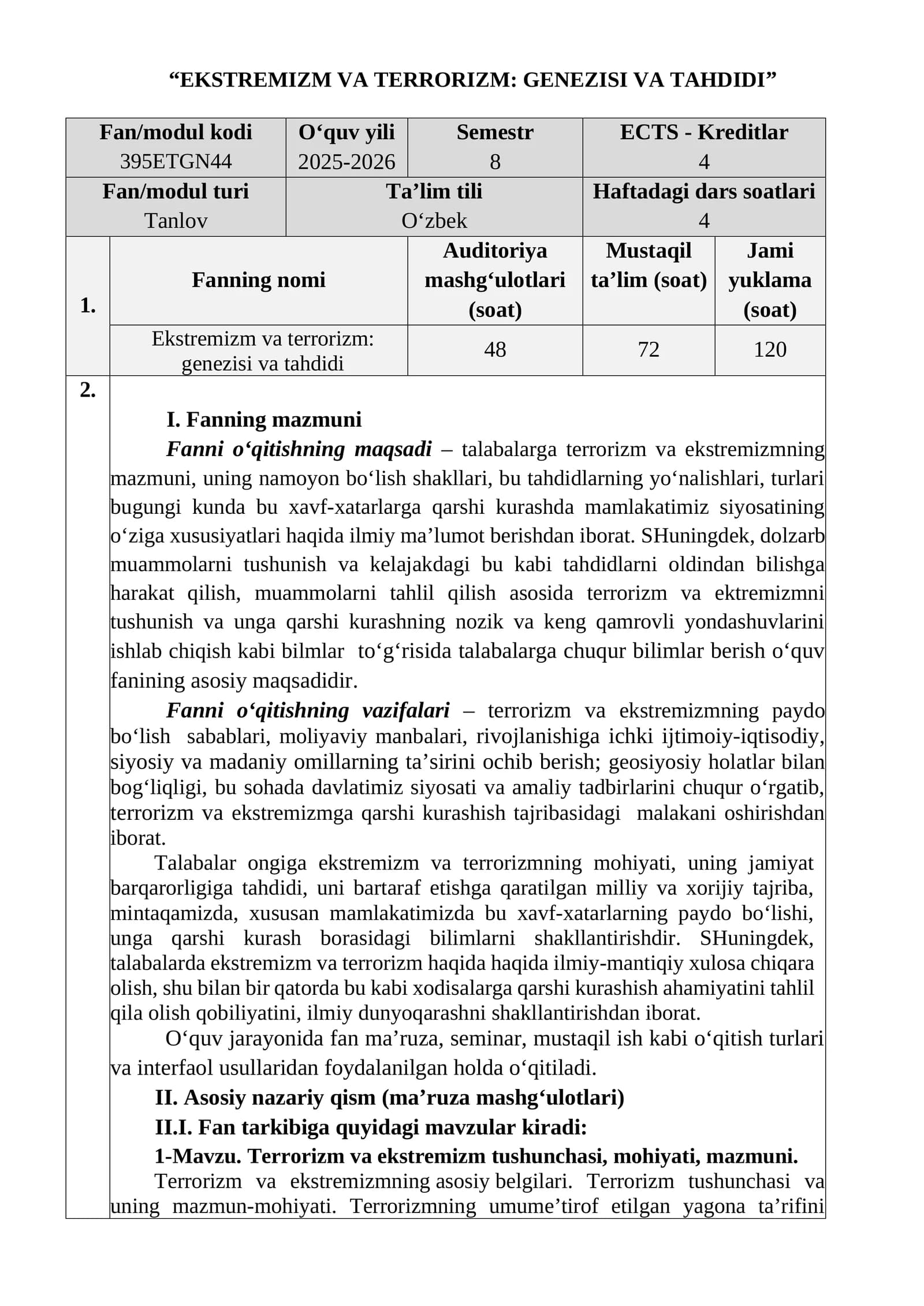 Ekstremizm va terrorizm: genezisi va tahdidi