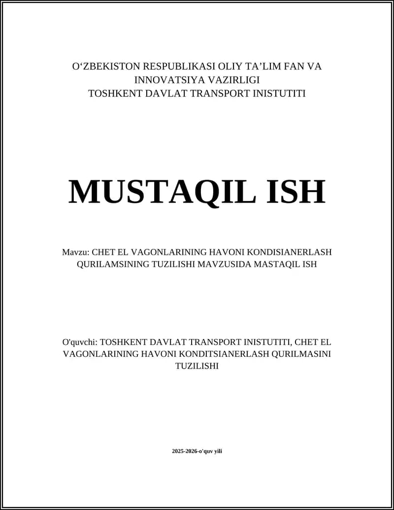 CHET EL VAGONLARINING HAVONI KONDISIANERLASH QURILMASI