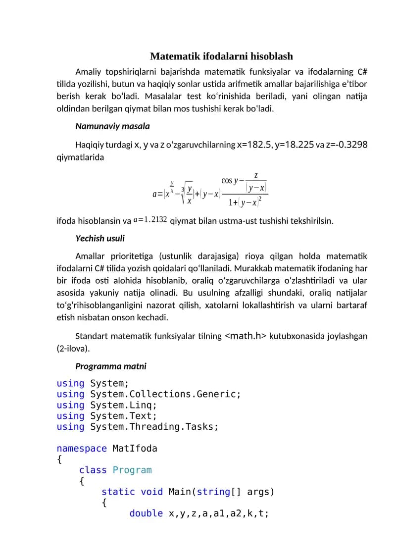 Matematik ifodalarni hisoblash