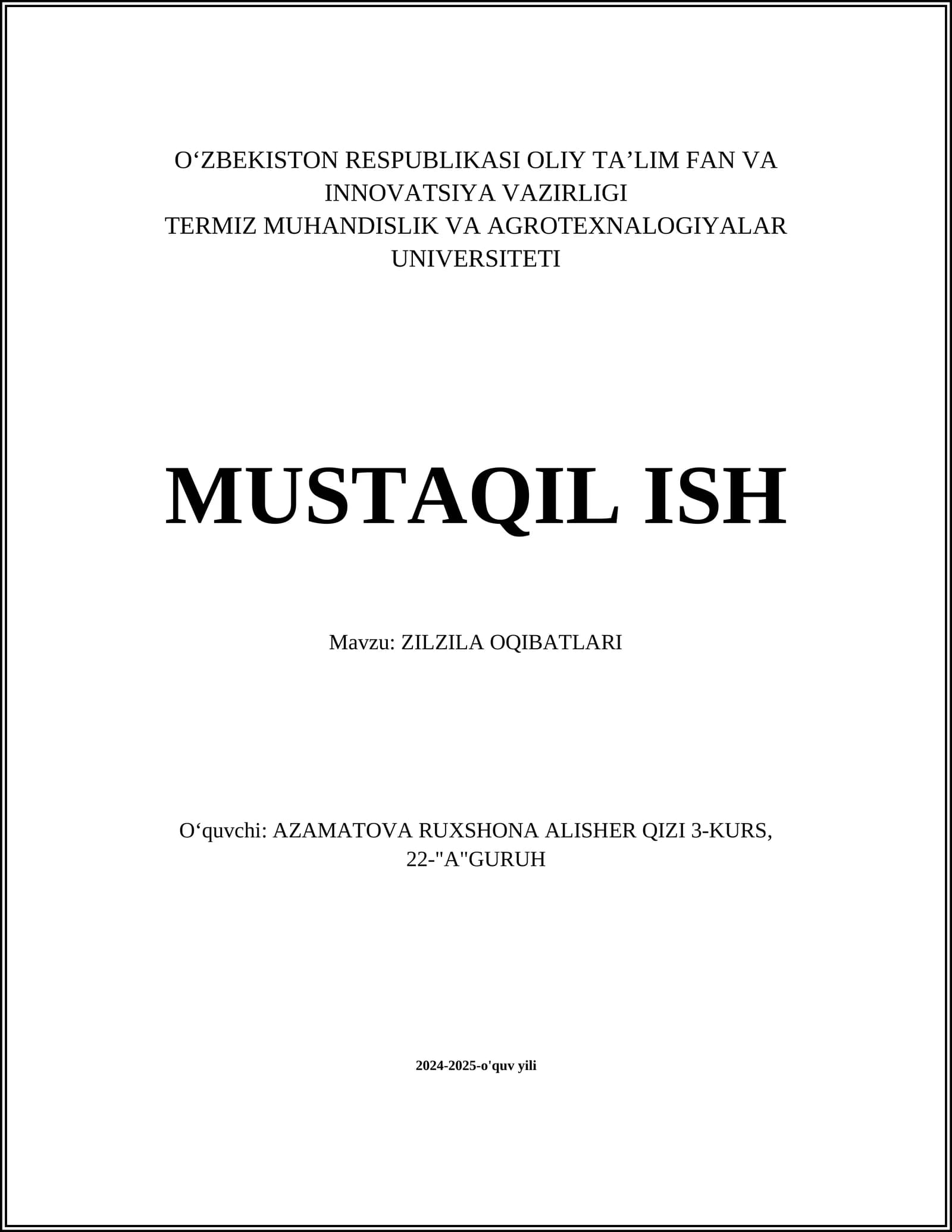 ZILZILA OQIBATLARI