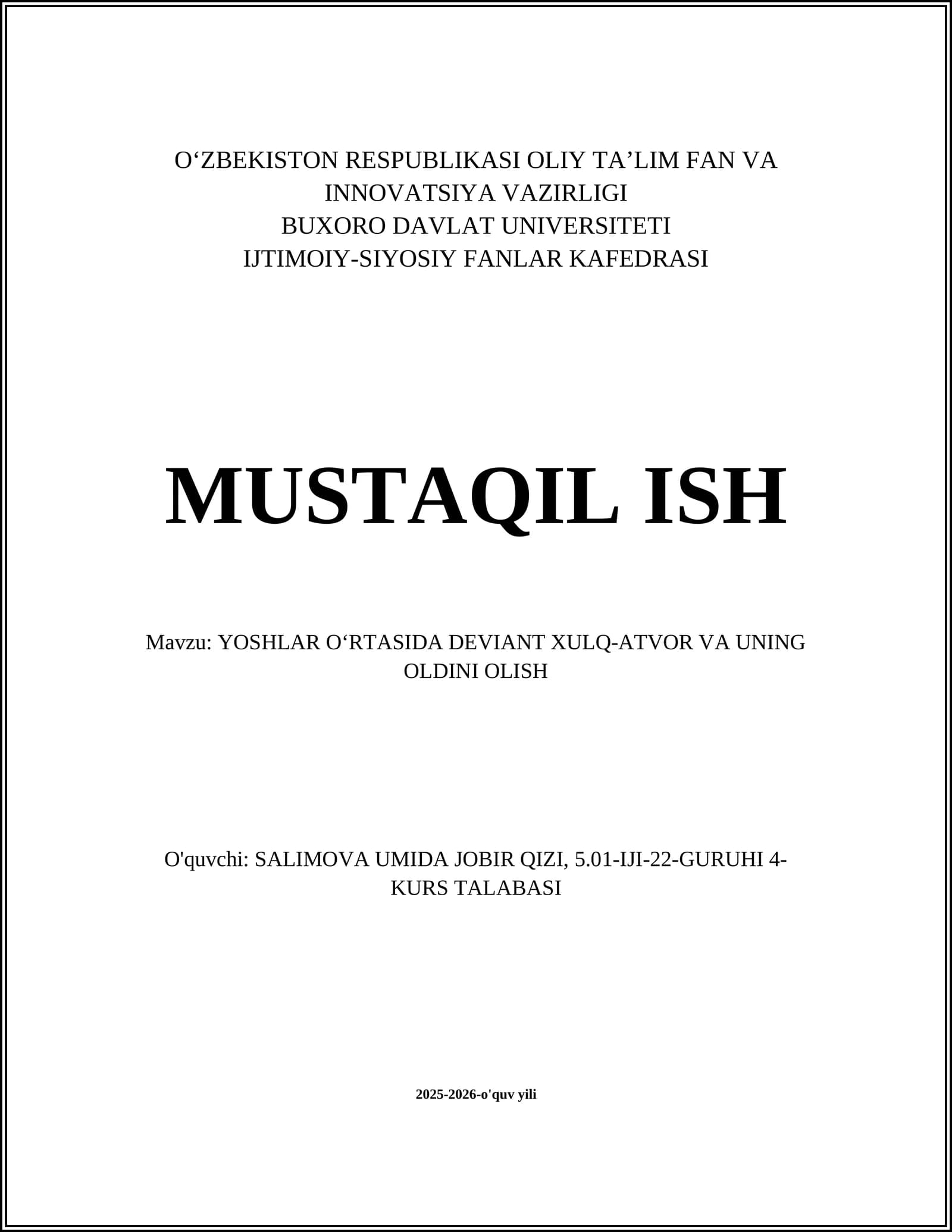 YOSHLAR OʻRTASIDA DEVIANT XULQ-ATVOR VA UNING OLDINI OLISH