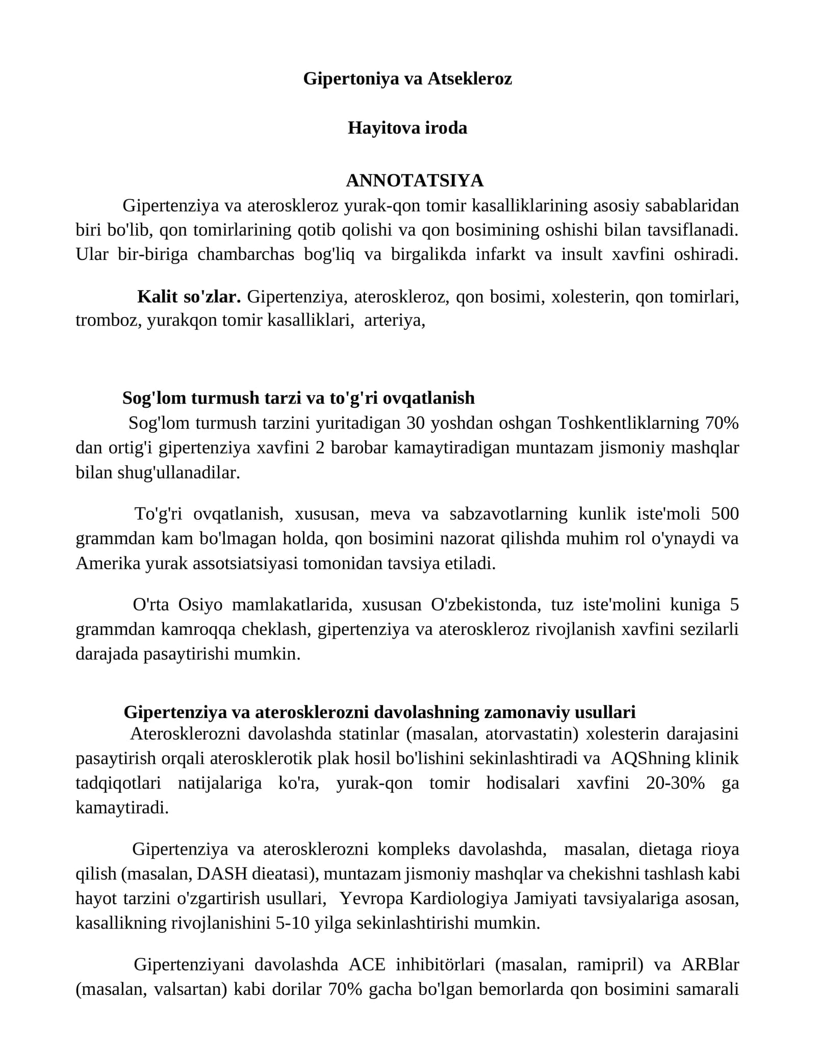 Gipertoniya va Atsekleroz