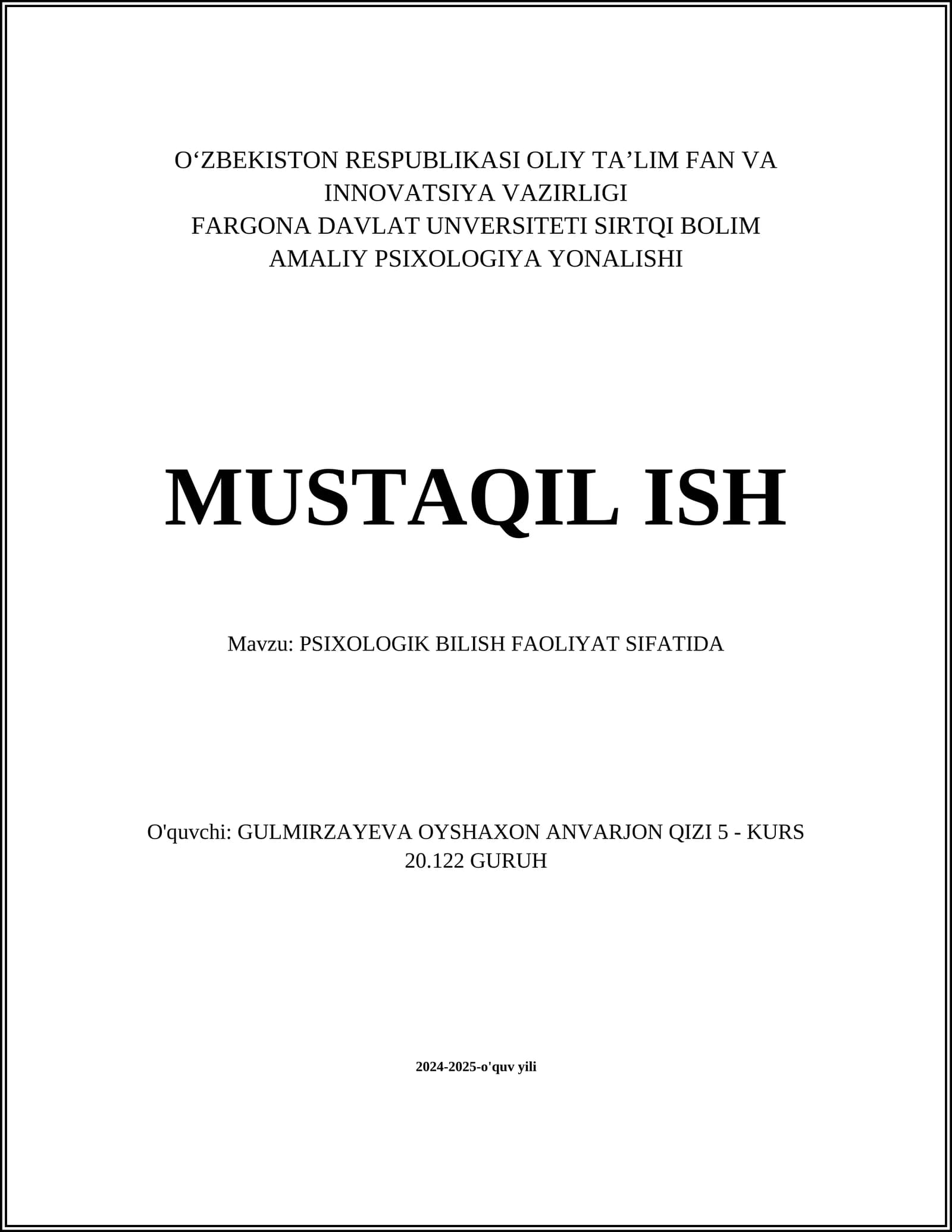 PSIXOLOGIK BILISH FAOLIYAT SIFATIDA