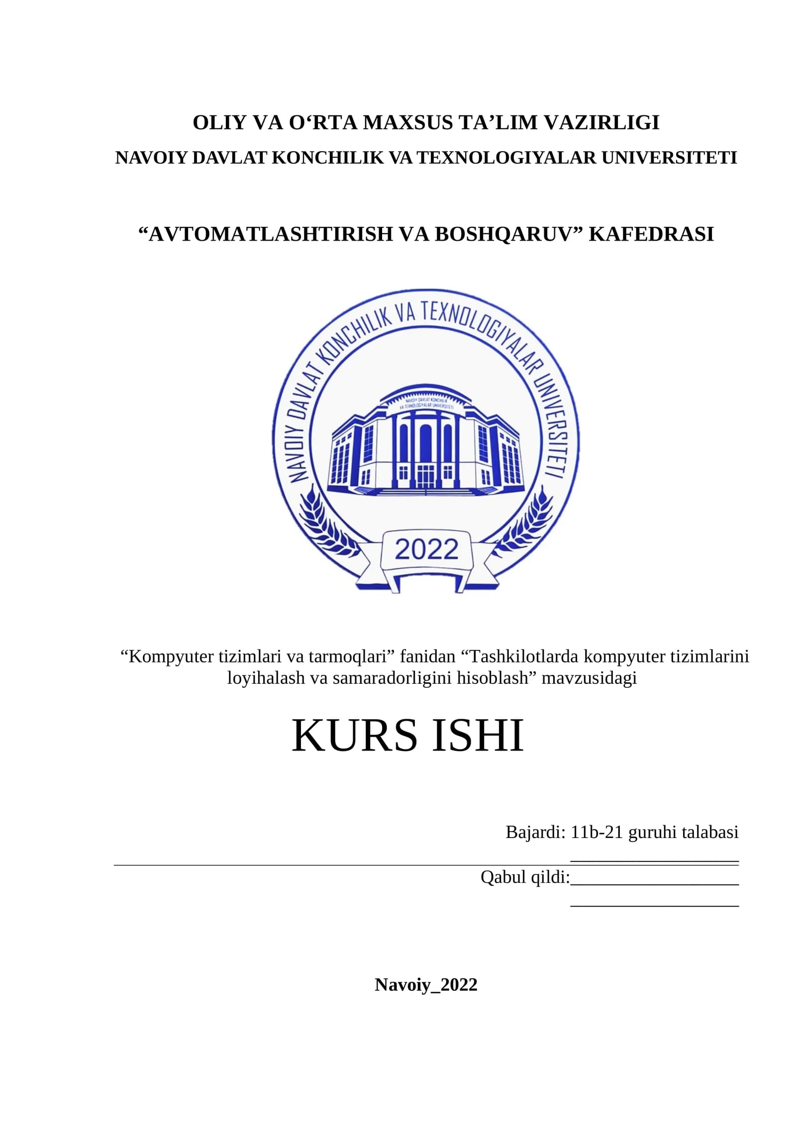 Kompyuter tizimlari va tarmoqlari KURS ISHI