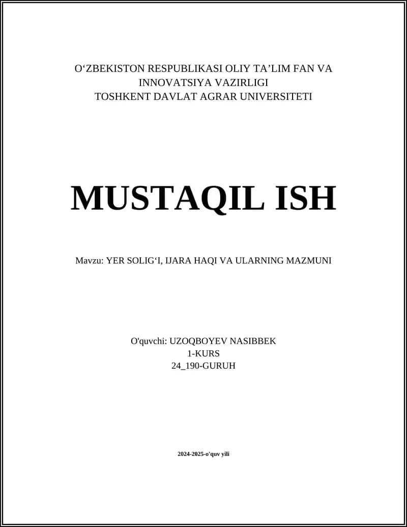 YER SOLIGʻI, IJARA HAQI VA ULARNING MAZMUNI