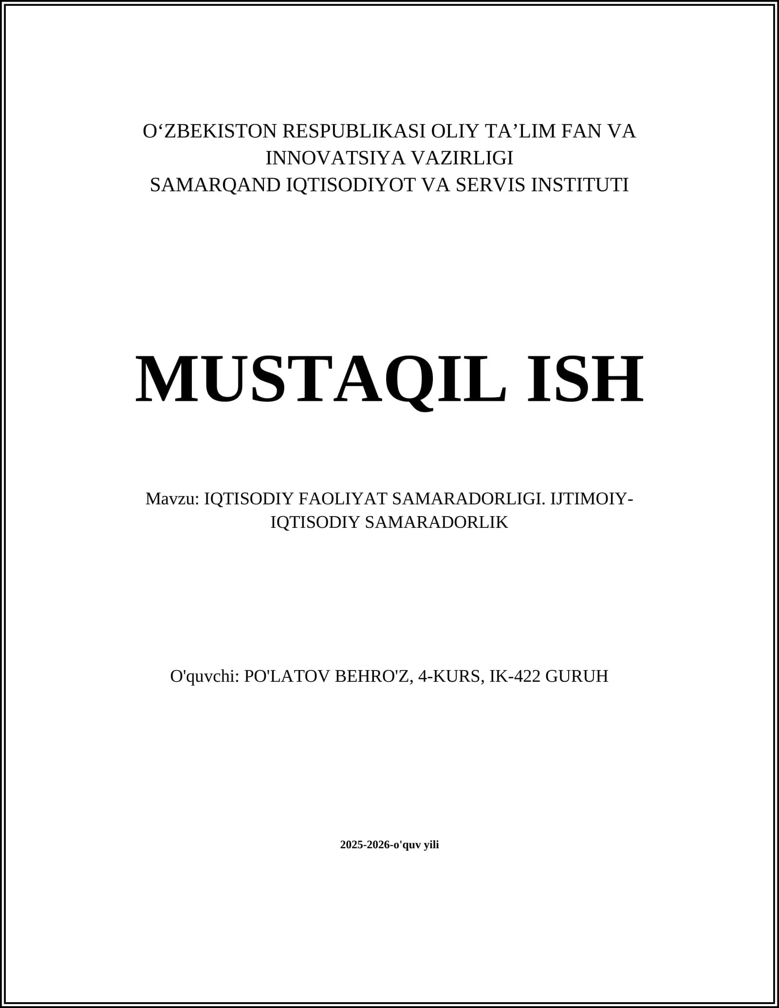 IQTISODIY FAOLIYAT SAMARADORLIGI