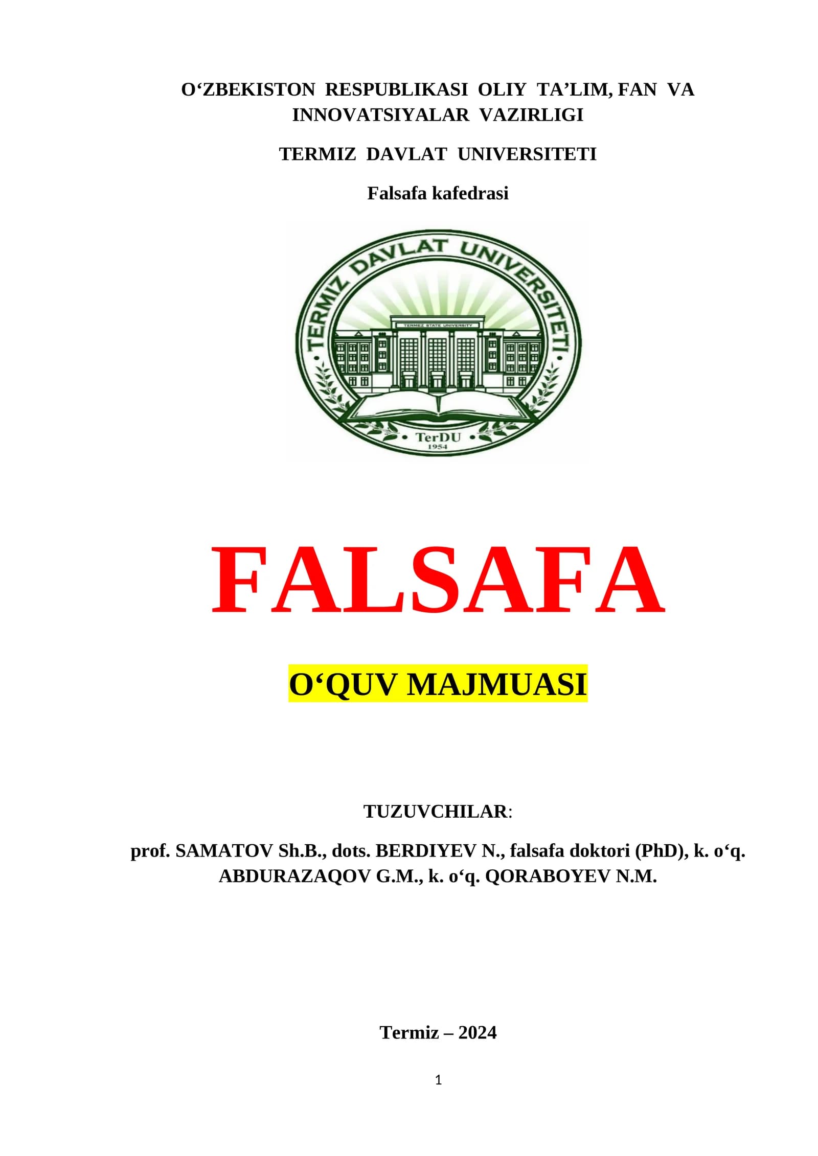 FALSAFA O'QUV MAJMUA 2024 + 2025