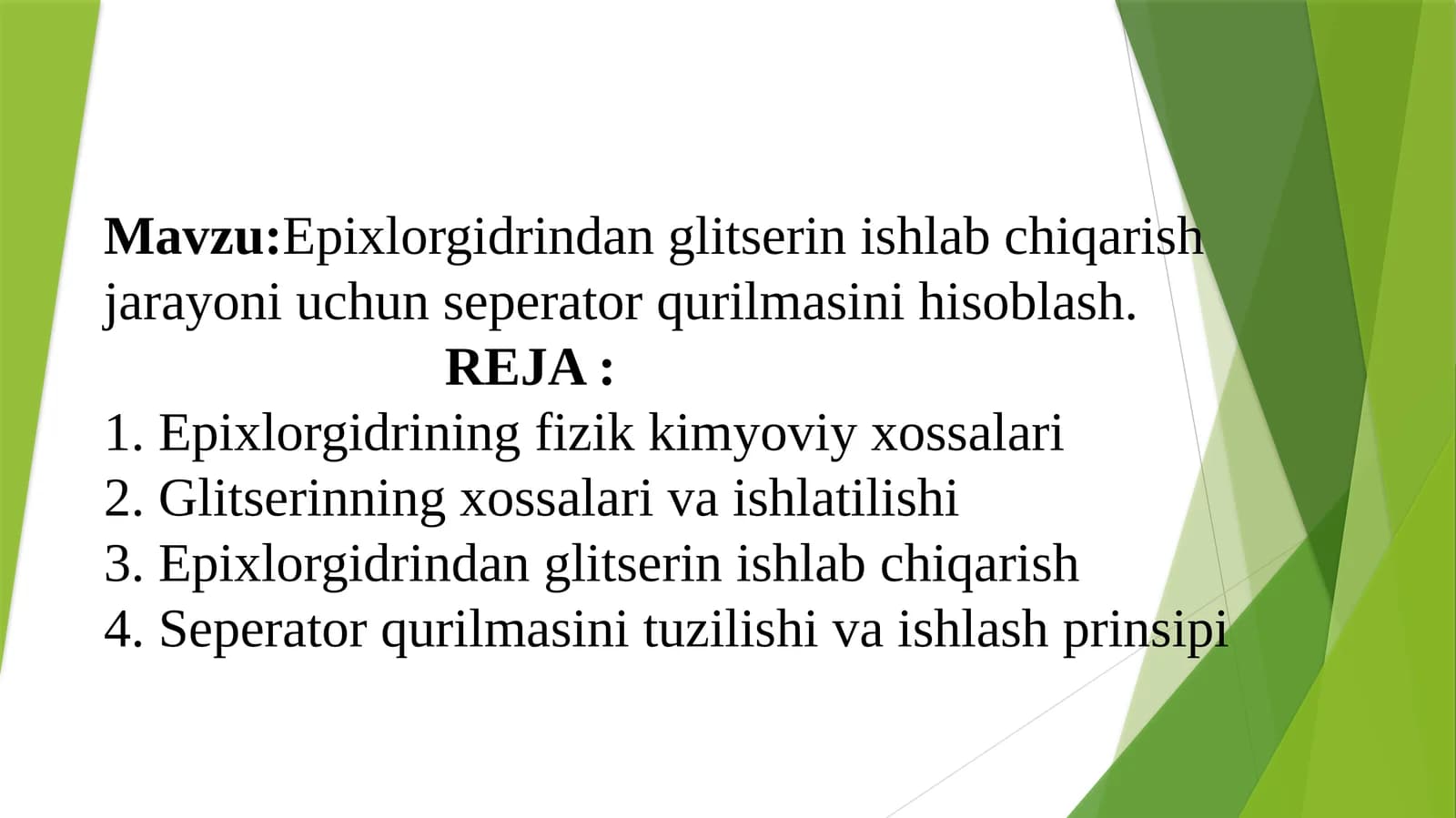 Epixlorgidrindan glitserin ishlab chiqarish jarayoni uchun seperator qurilmasini hisoblash