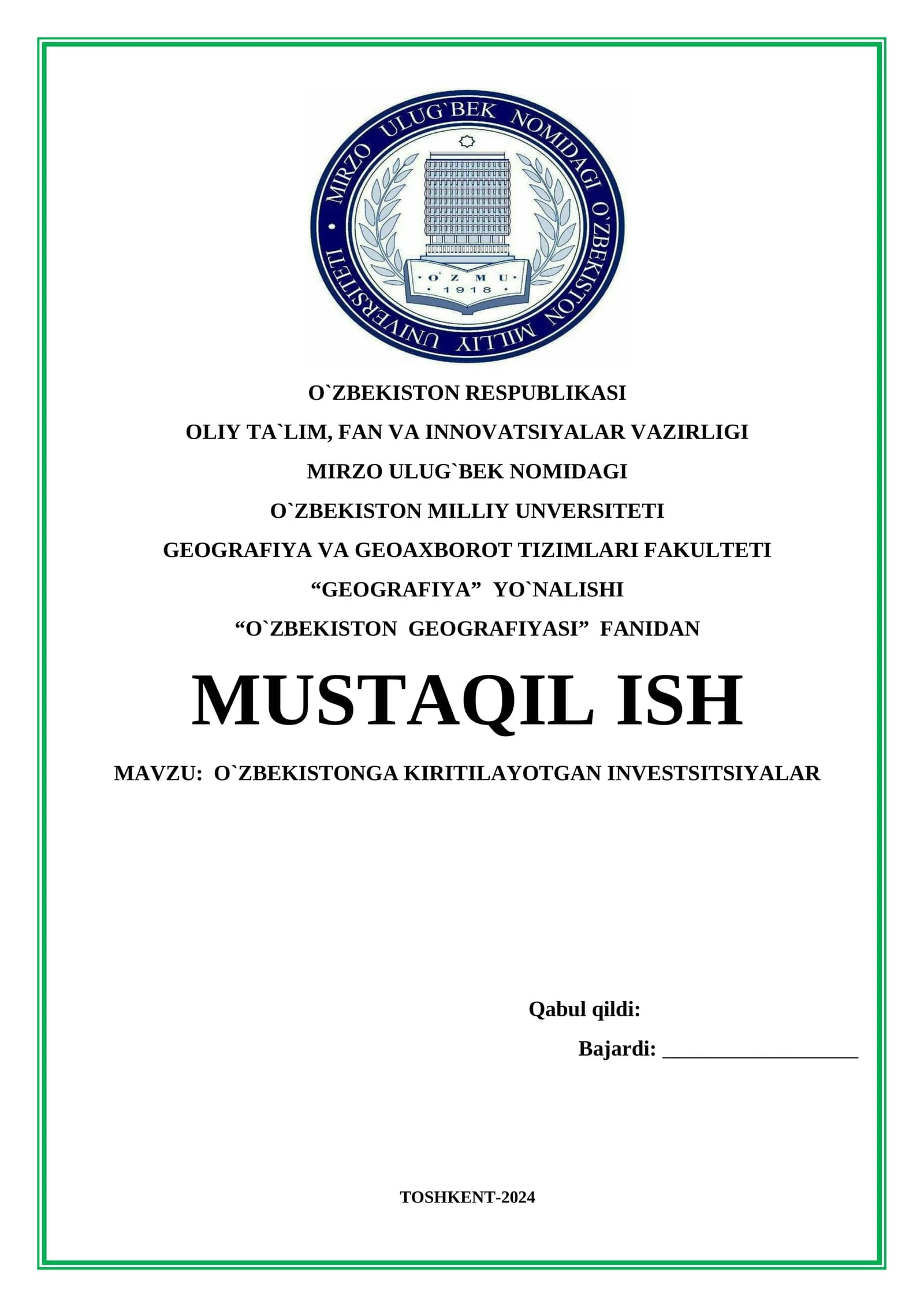 O`zbekistonga kirtilayotgan investitsiyalar