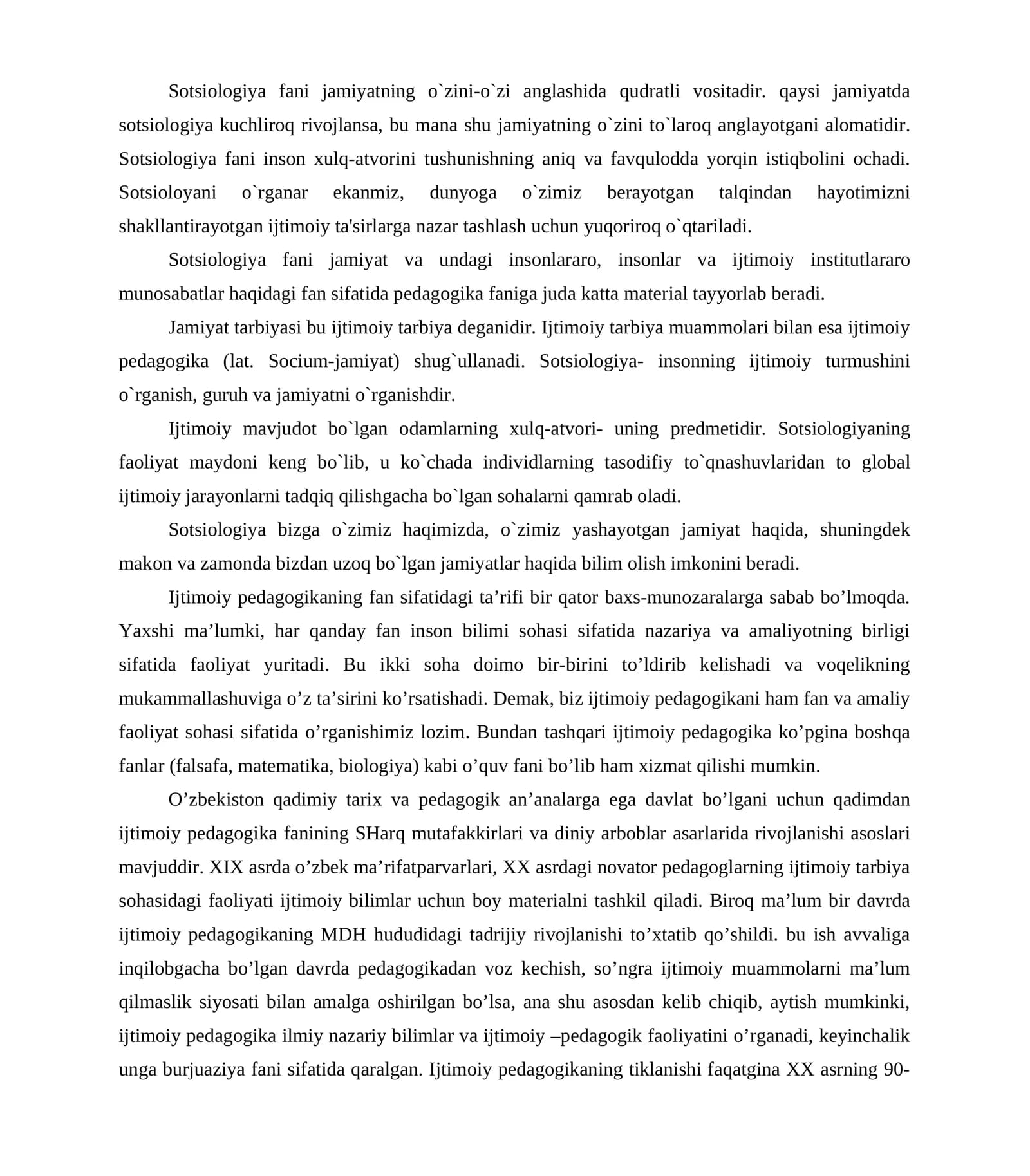 Sotsiologiya fanining ahamiyati
