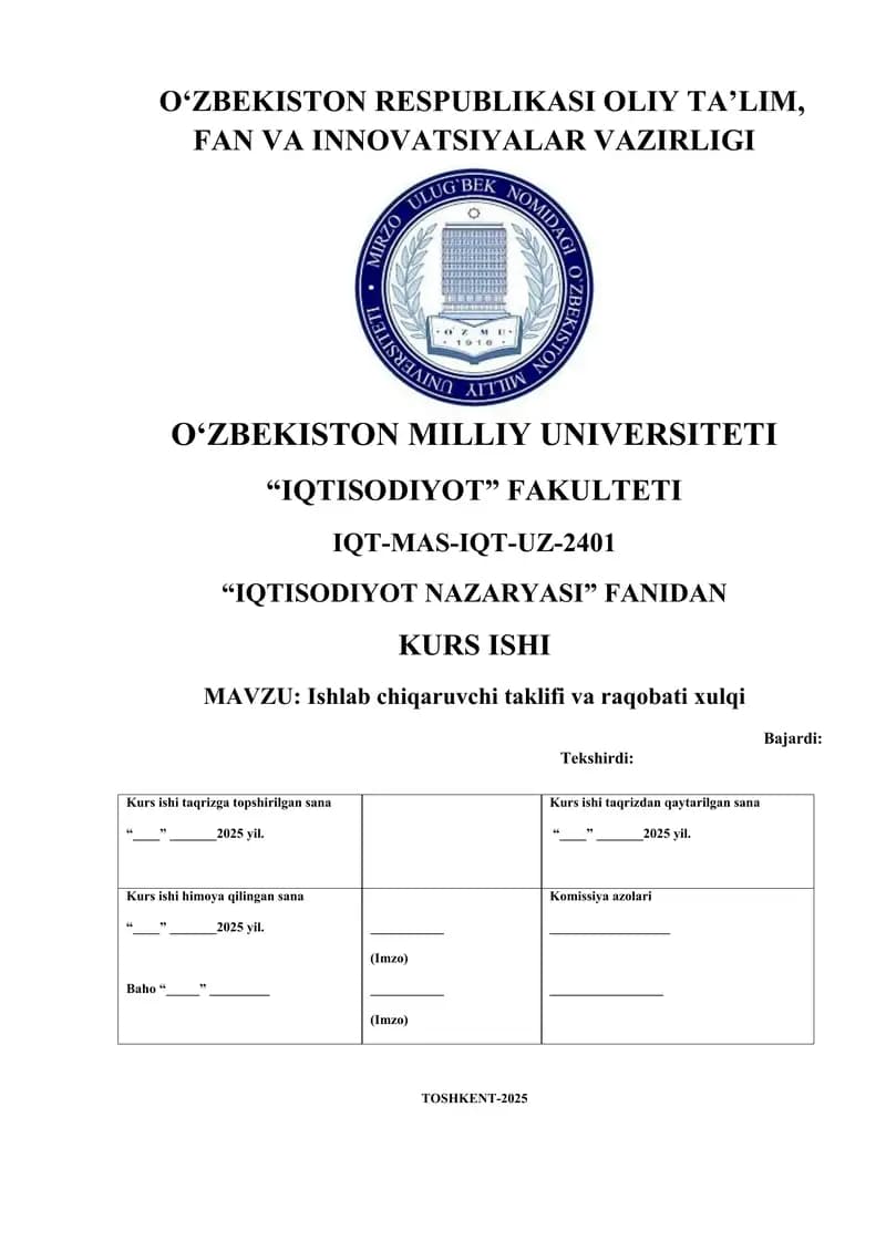 ISHLAB CHIQARUVCHI TAKLIFI VA RAQOBAT XULQI