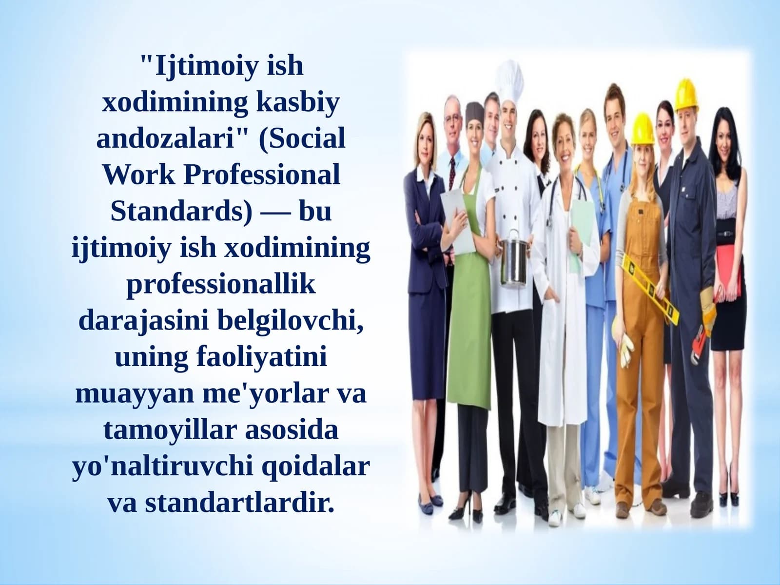 Ijtimoiy ish xodimining kasbiy andozalari (Social Work Professional Standards)