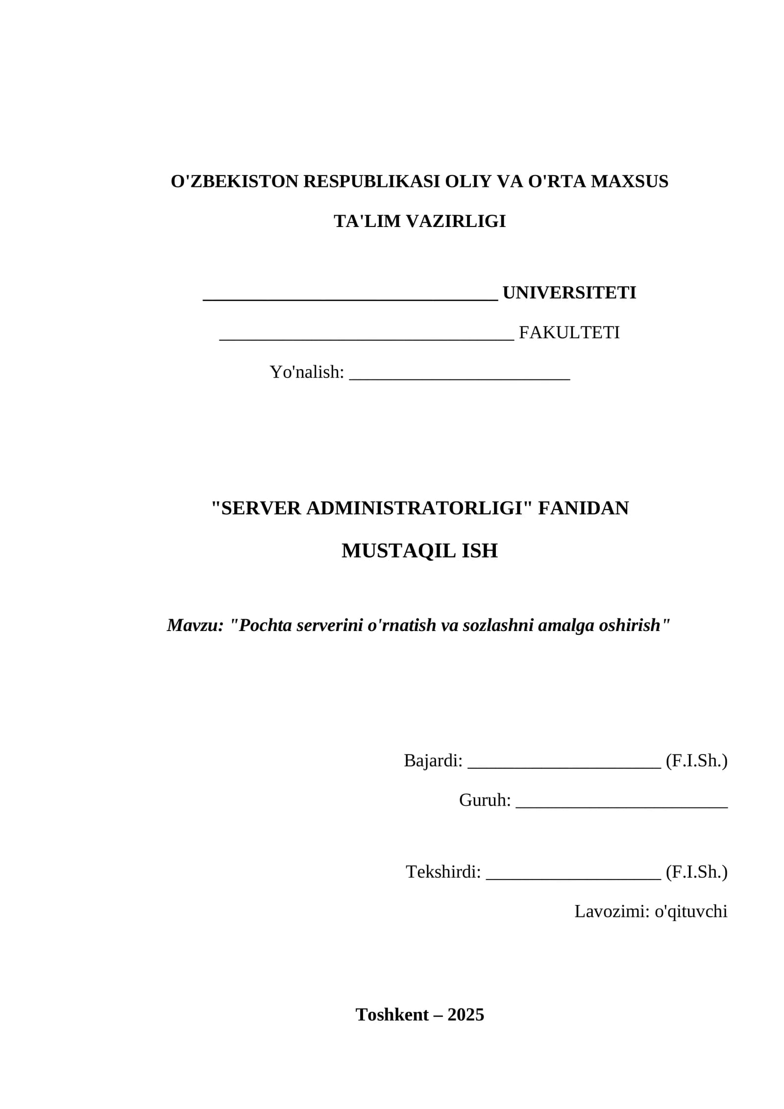 Pochta serverini o‘rnatish va sozlashni  amalga oshirish