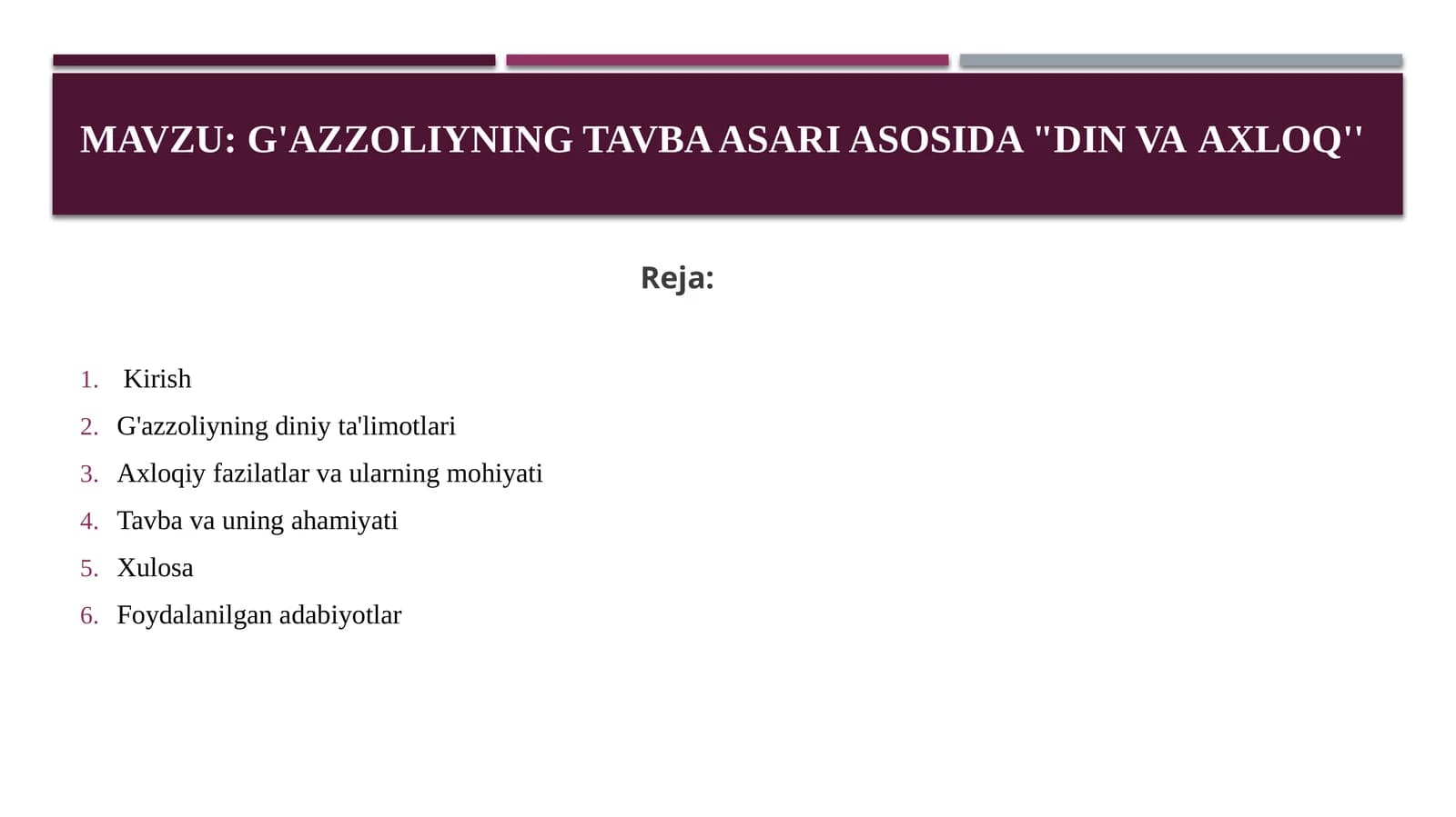 G'azzoliyning tavba asari asosida din va axloq