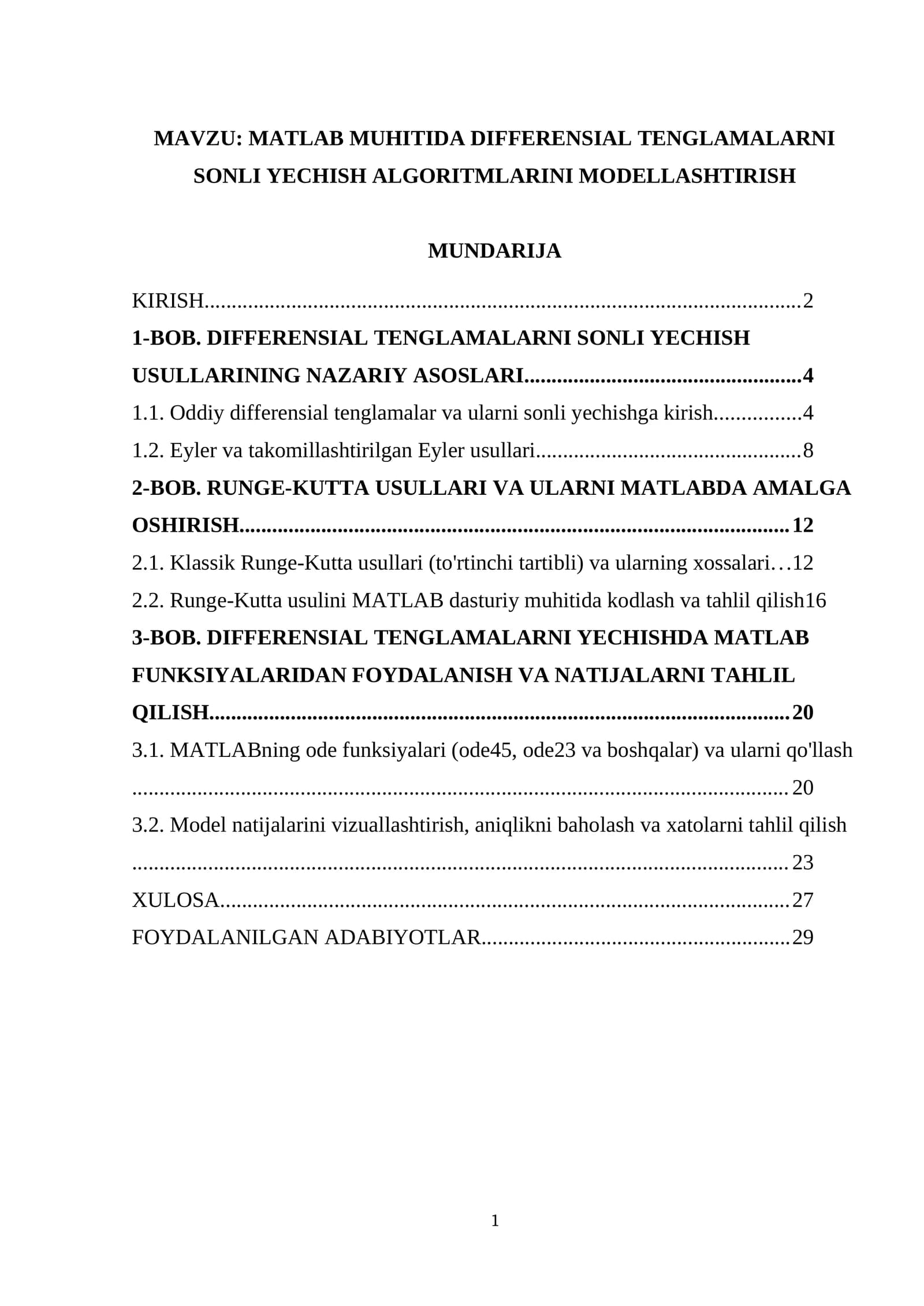 MATLAB MUHITIDA DIFFERENSIAL TENGLAMALARNI SONLI YECHISH ALGORITMLARINI MODELLASHTIRISH