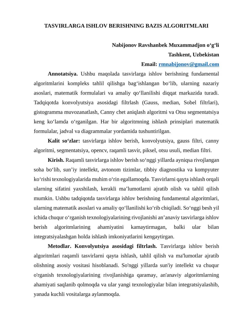 Tasvirlarga ishlov berishning bazis algoritmlari