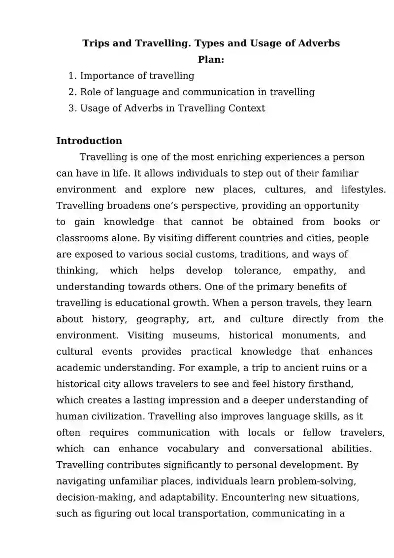 Trips and Travelling. Types and Usage of Adverbs