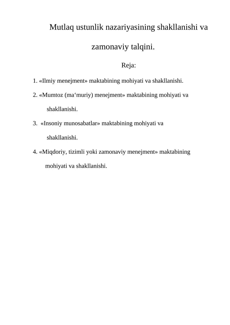 «Ilmiy menejment» maktabining mohiyati va shakllanishi