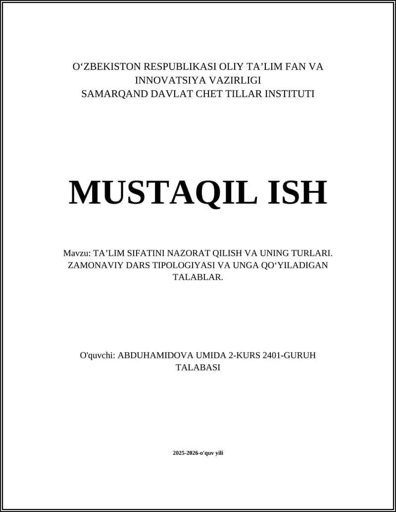 TA’LIM SIFATINI NAZORAT QILISH VA UNING TURLARI