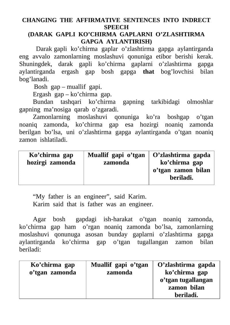Darak gapli  ko’chirma  gaplar  o’zlashtirma  gapga  aylantirish