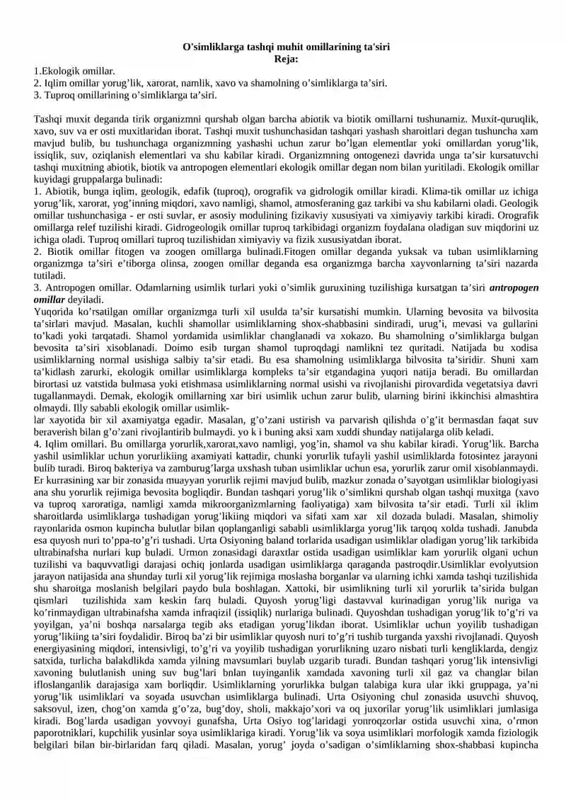 O'simliklarga tashqi muhit omillarining ta'siri