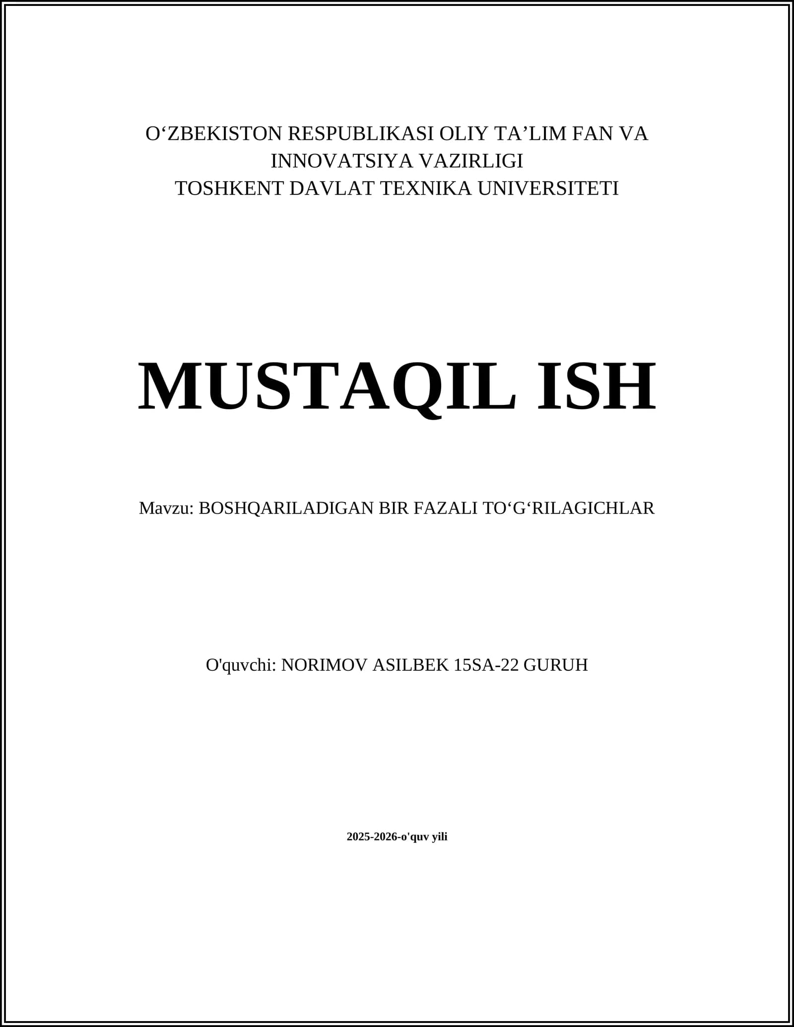 BOSHQARILADIGAN BIR FAZALI TOʻGʻRILAGICHLAR