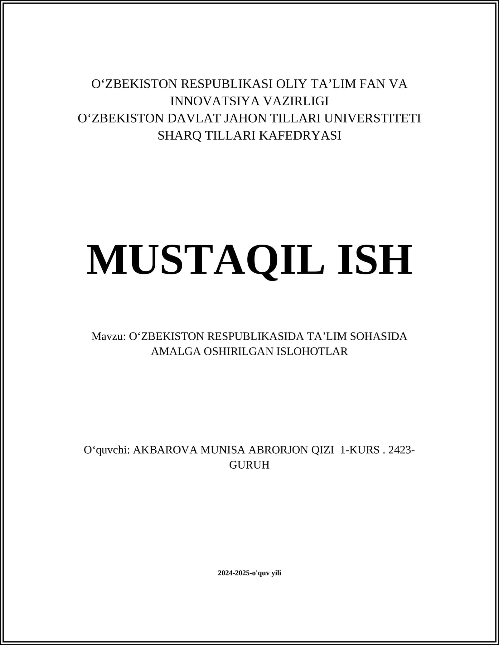 Oʻzbekiston Respublikasida Ta’lim Sohasida Amalga Oshirilgan Ishlohtlar