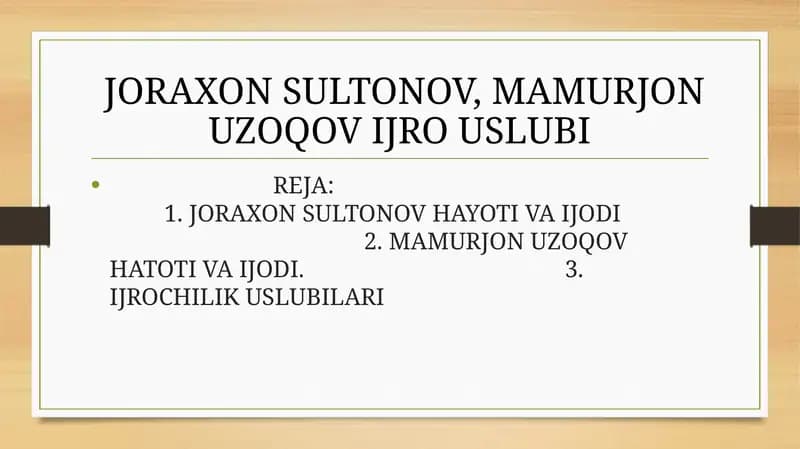 JORAXON SULTONOV, MAMURJON UZOQOV IJRO USLUBI
