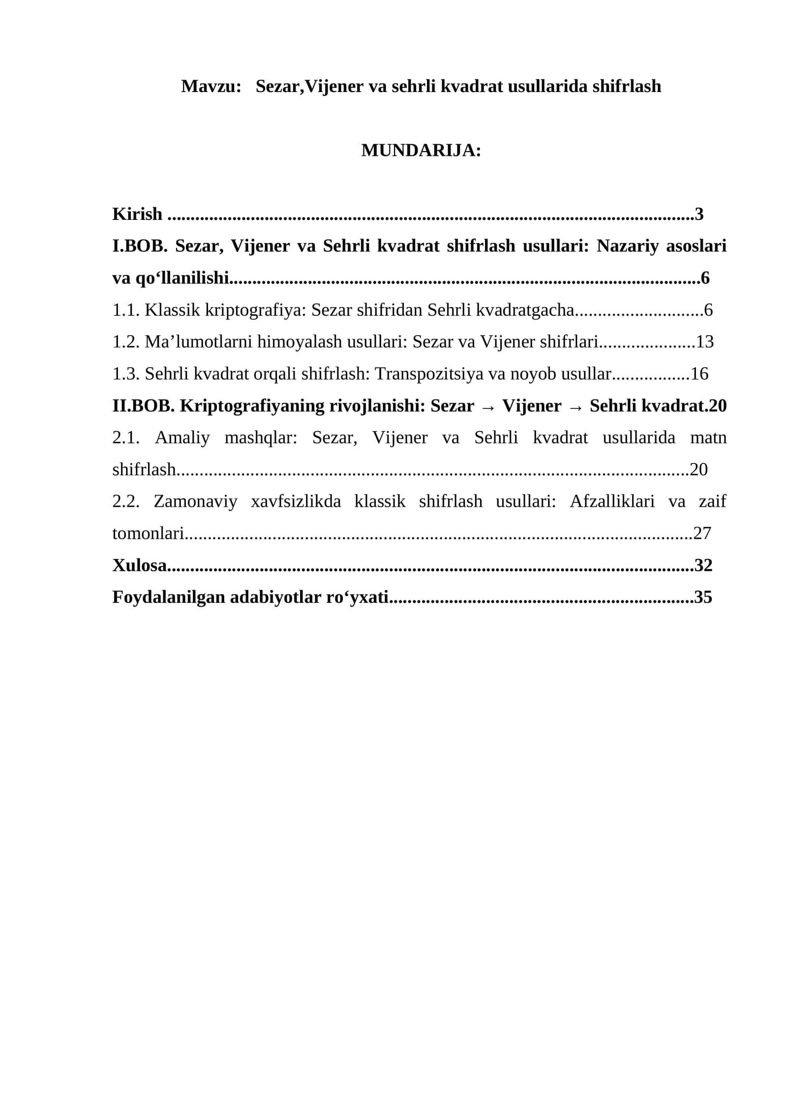 Sezar, Vijener va sehrli kvadrat usullarida shifrlash