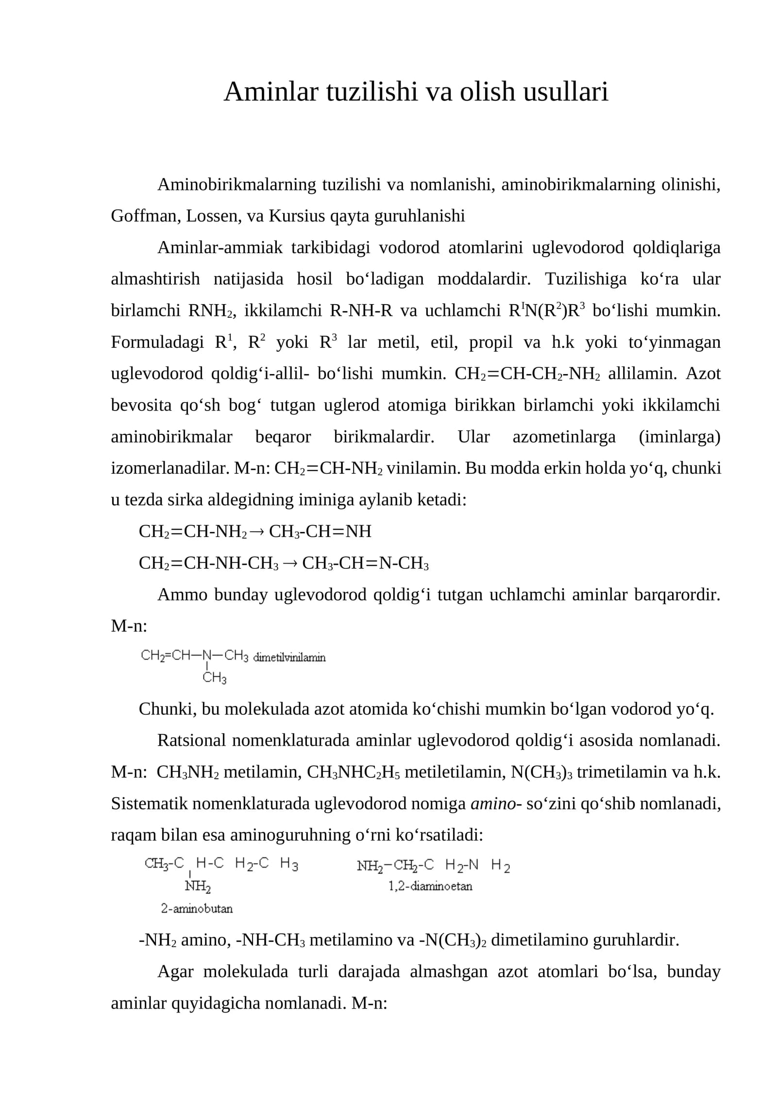 Aminlar tuzilishi va olish usullari