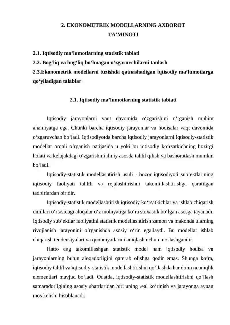 EKONOMETRIK MODELLARNING AXBOROT TA’MINOTI