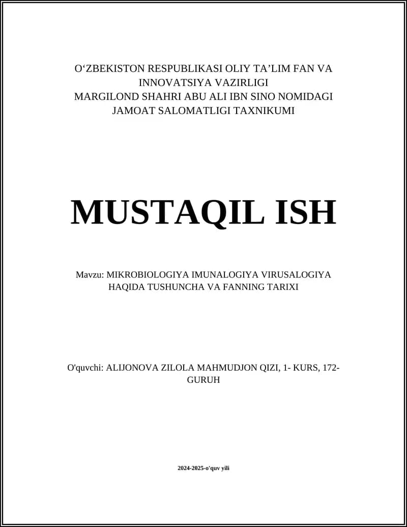 MIKROBIOLOGIYA IMUNALOGIYA VIRUSALOGIYA HAQIDA TUSHUNCHA VA FANNING TARIXI