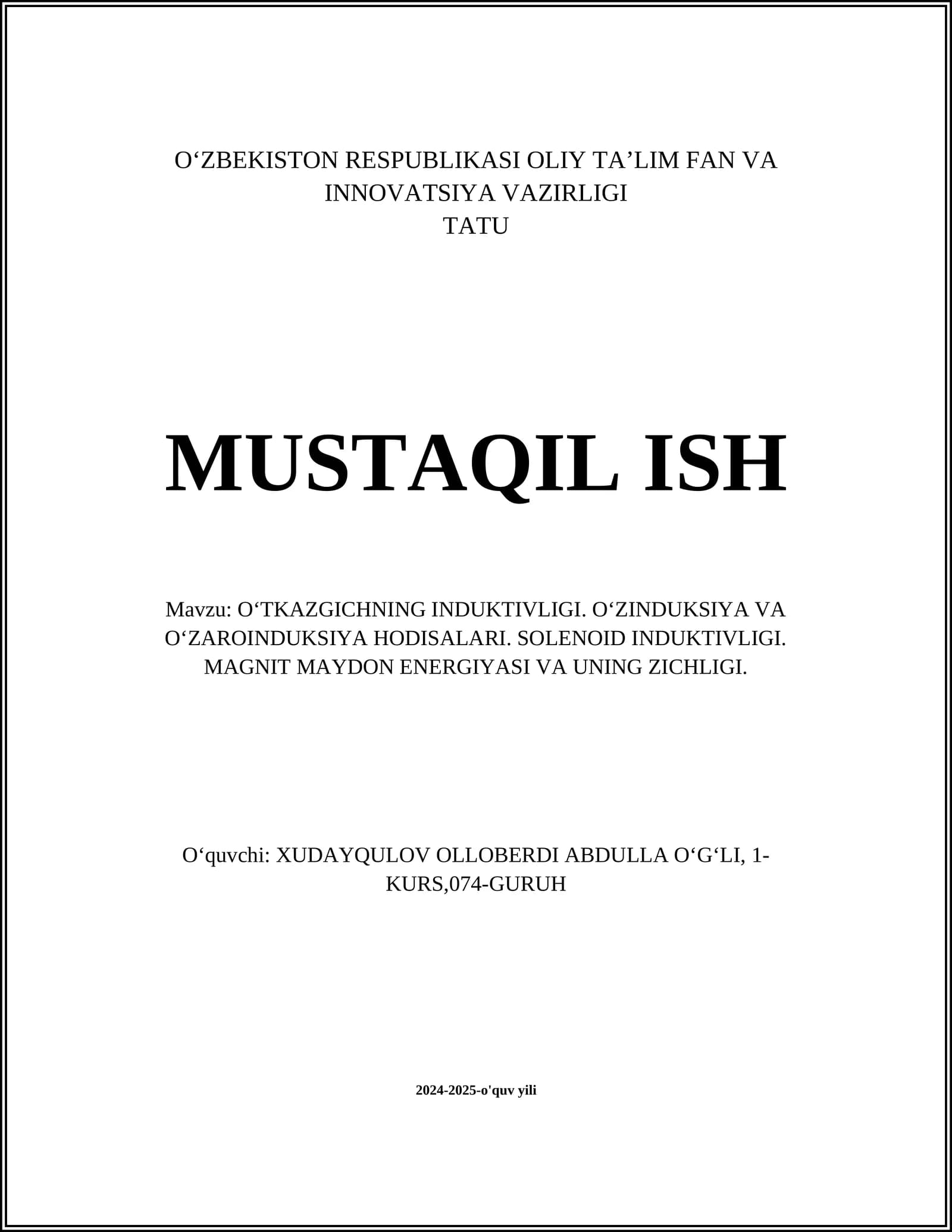 O‘TKAZGICHNING INDUKTIVLIGI