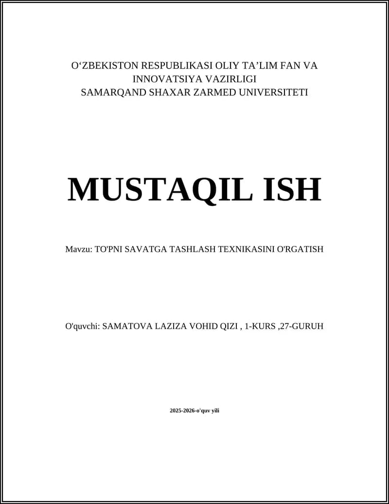 TO'PNI SAVATGA TASHLASH TEXNIKASINI O'RGATISH