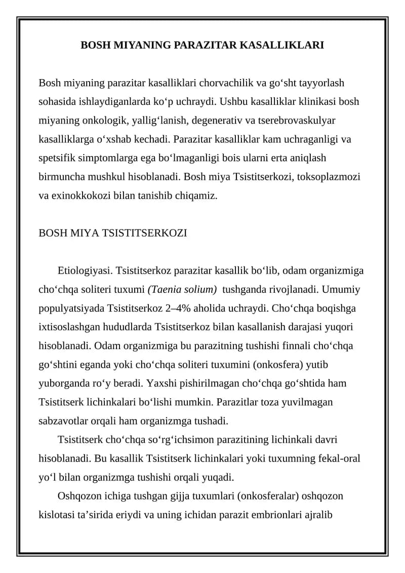 BOSH MIYANING PARAZITAR KASALLIKLARI