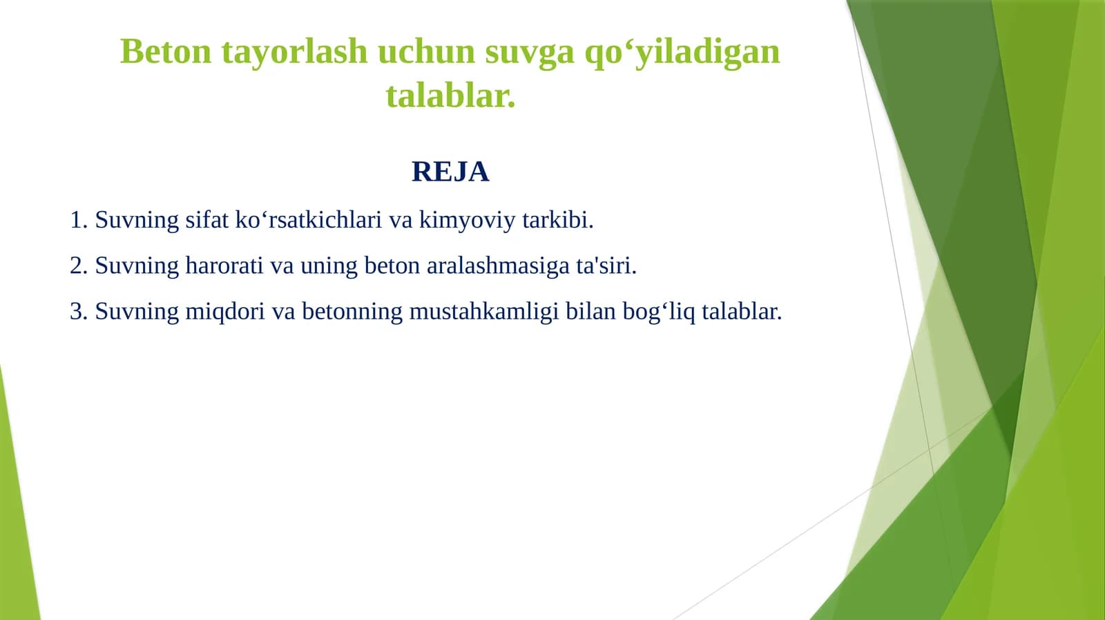 Beton tayorlash uchun suvga qo‘yiladigan talablar.