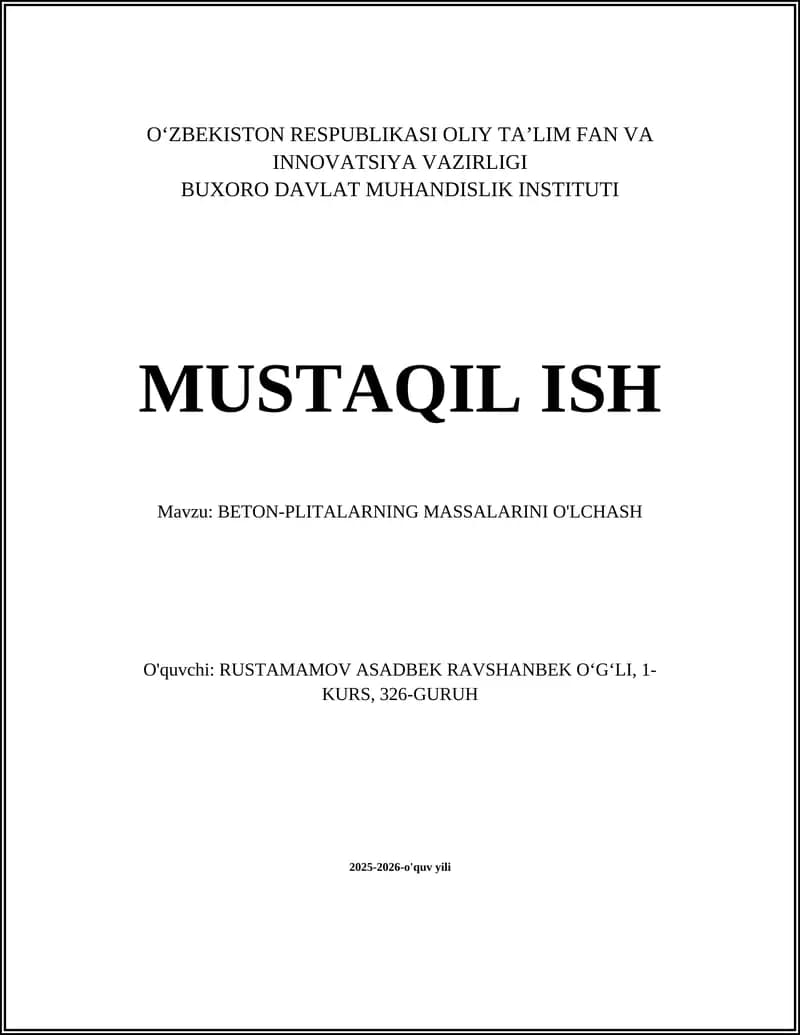 BETON-PLITALARNING MASSALARINI O'LCHASH