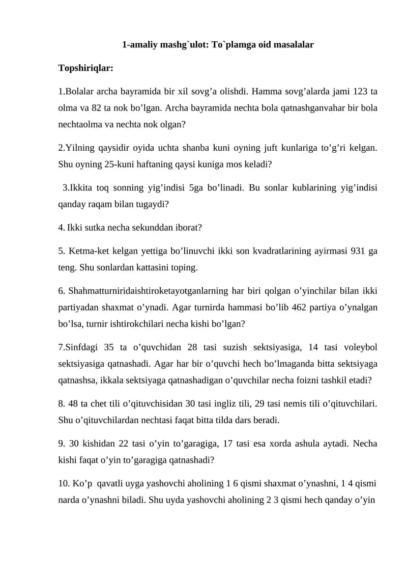 1-amaliy mashg`ulot: To`plamga oid masalalar