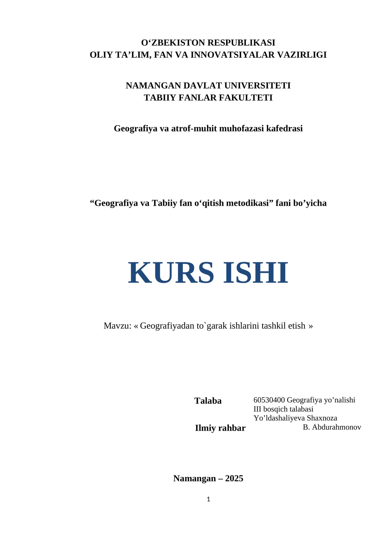 Geografiya va Tabiiy fan o‘qitish metodikasi