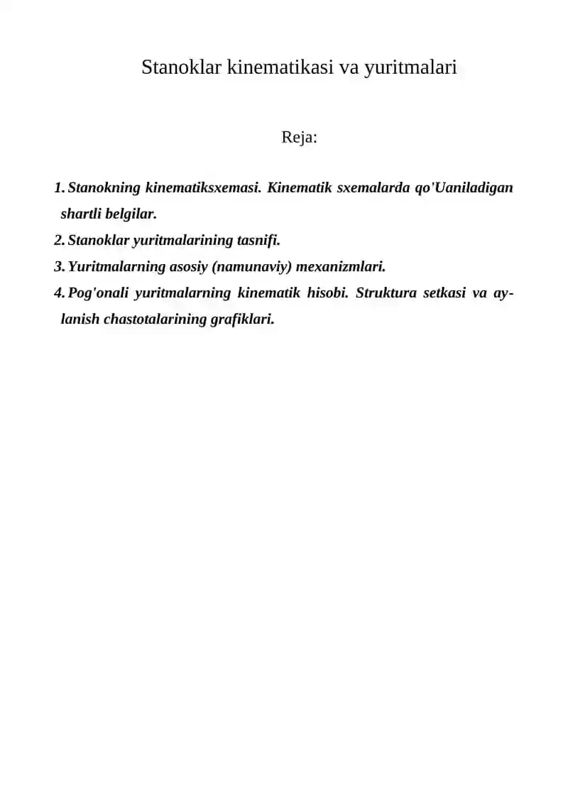 Stanoklar kinematikasi va yuritmalari